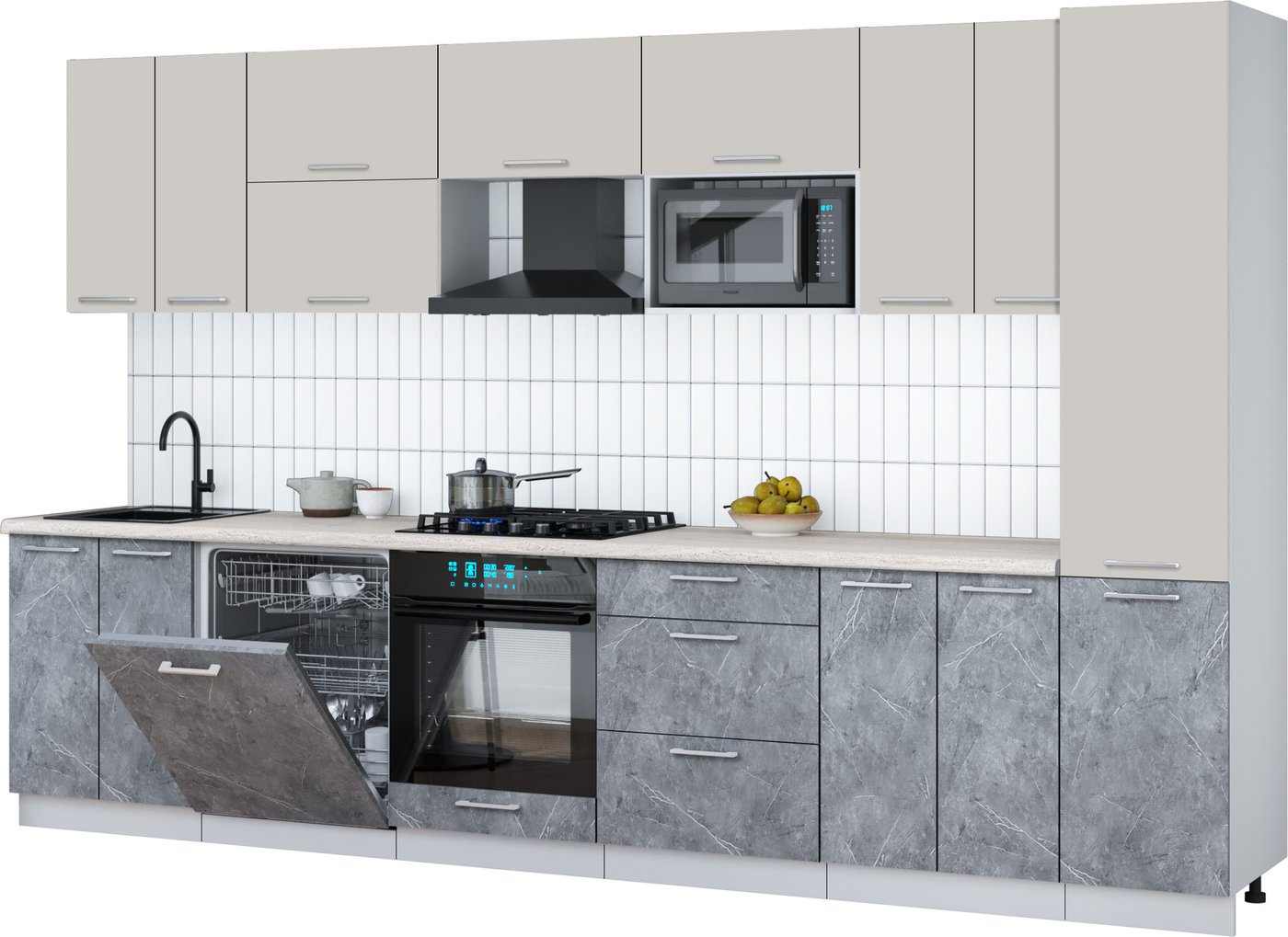 

Готовая кухня Интерлиния Мила Gloss 3.4-ПМ2 (керамика/кашемир/травертин серый)