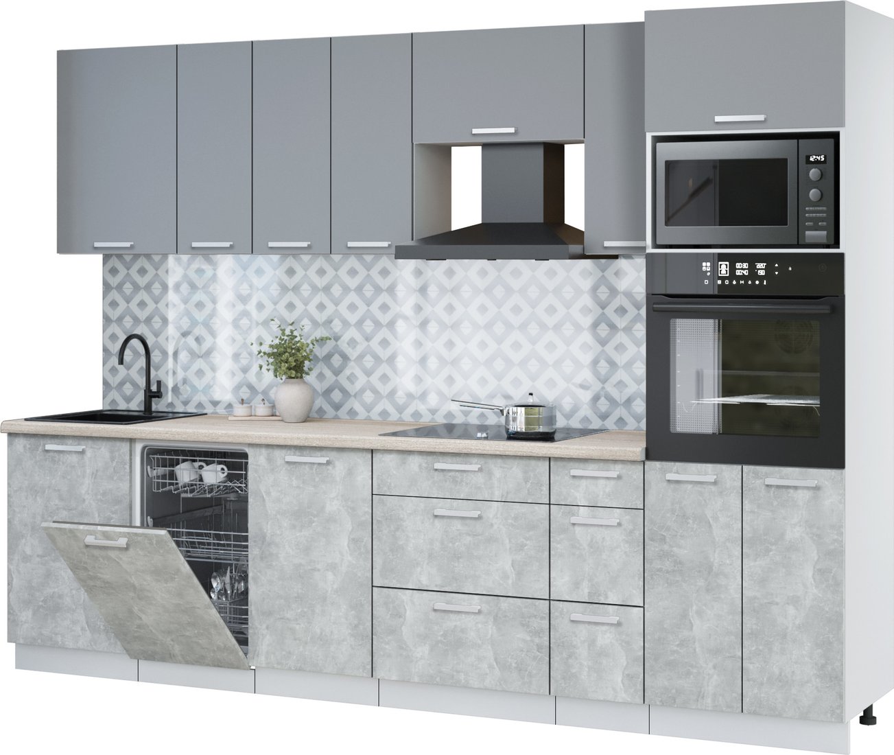 

Готовая кухня Интерлиния Мила Лайт 2.9-ПМ3 (серебро/бетон/травертин серый)