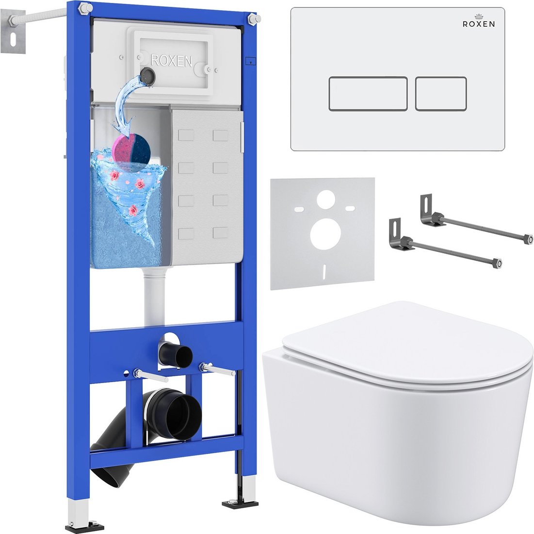 Унитаз подвесной Roxen Simple Compact в комплекте с инсталляцией StounFix Dual Fresh 6 в 1 920247 (кнопка: белый глянец)