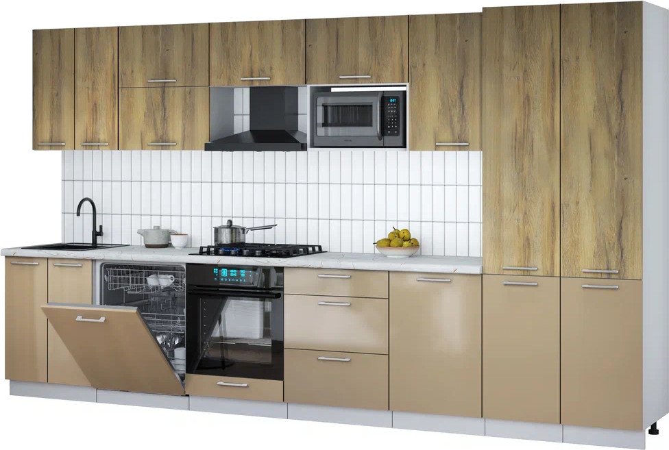 

Готовая кухня Интерлиния Мила Gloss 3.7-ПМ2 (капучино глянец/дуб вотан/серый каспий)