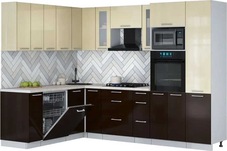 

Готовая кухня Интерлиния Мила Gloss 1.896х2.78 (шоколад глянец/ваниль глянец/травертин серый)