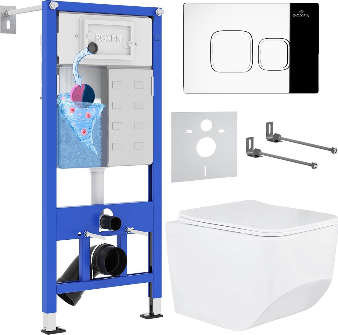 

Унитаз подвесной Roxen Boro One Rimless 6 в 1 StounFix Dual Fresh 552158 (кнопка: хром)