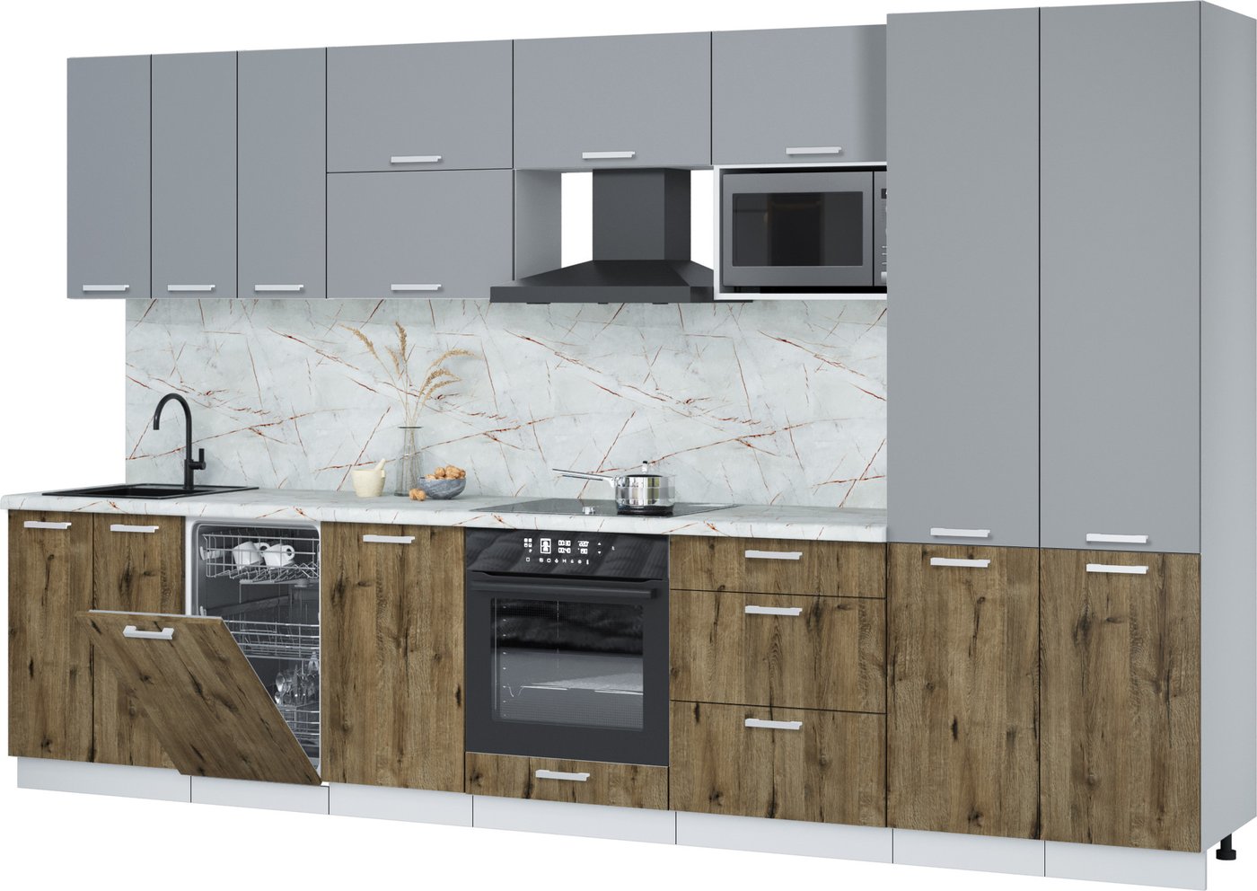 

Готовая кухня Интерлиния Мила Лайт 3.5-ПМ4 (серебро/дуб веллингтон/травертин серый)