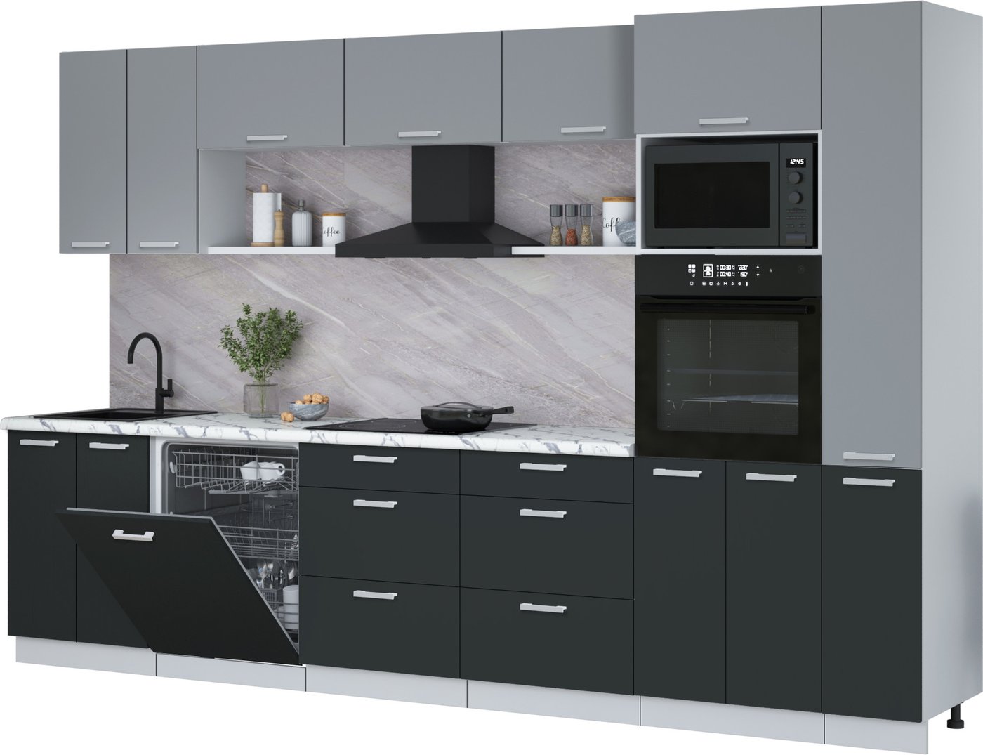 

Готовая кухня Интерлиния Мила Лайт 3.3-ПМ1 (серебро/антрацит/белый гранит)