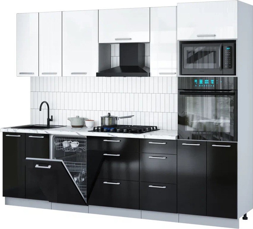 

Готовая кухня Интерлиния Мила Gloss 2.65-ПМ3 (черный глянец/белый глянец/белый гранит)