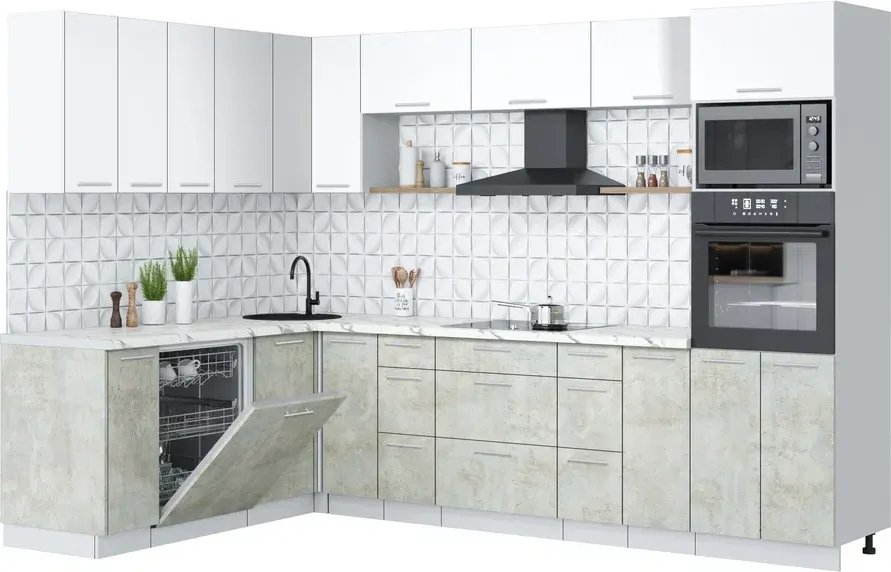 

Готовая кухня Интерлиния Мила Лайт 1.896х2.98-2 (белый платинум/бетон лайт/белый гранит)