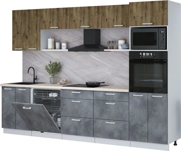 

Готовая кухня Интерлиния Мила Лайт 3.0-ПМ1 (дуб веллингтон/бетон портленд/травертин серый)