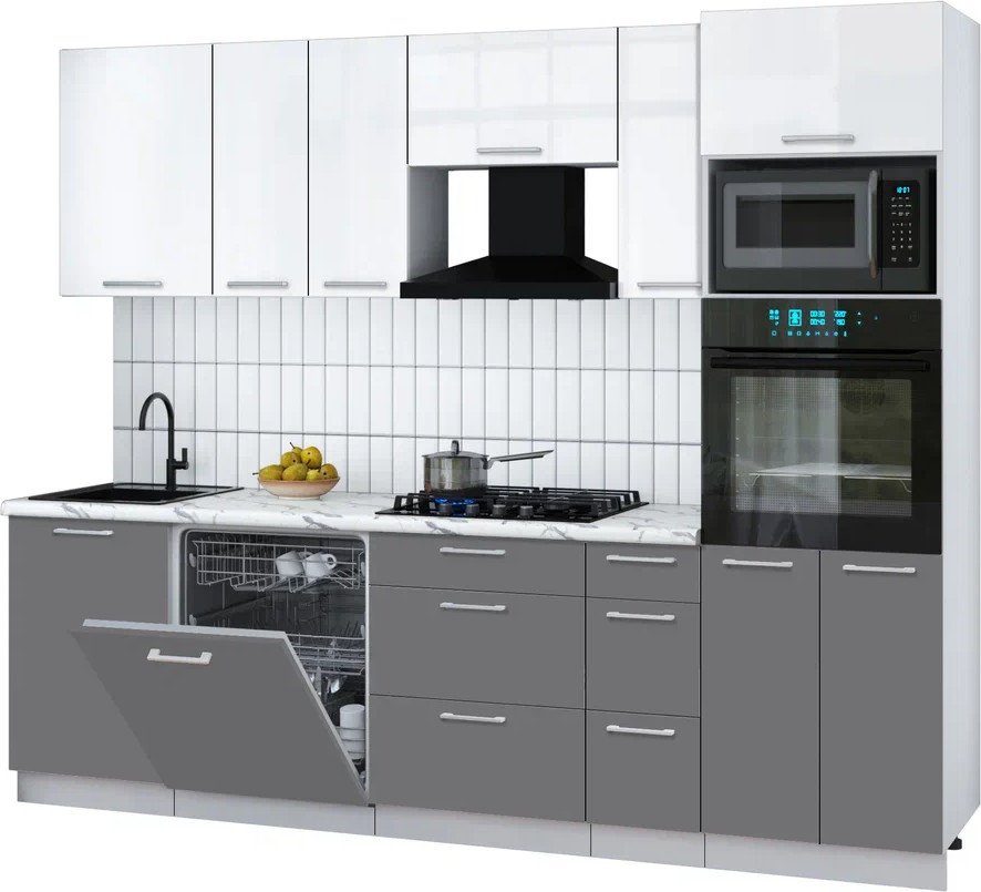 

Готовая кухня Интерлиния Мила Gloss 2.6-ПМ1 (серый/белый глянец/белый гранит)