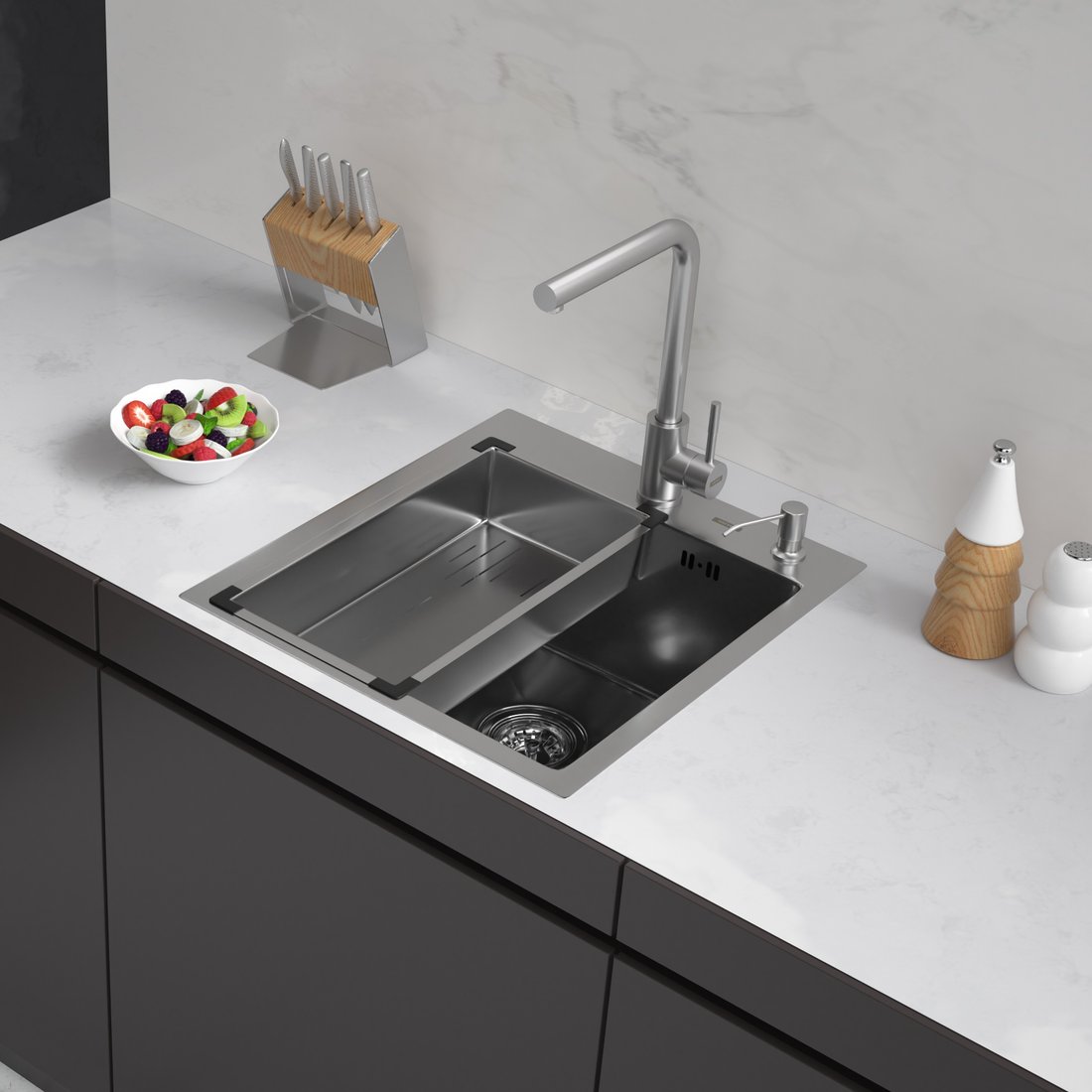 

Кухонная мойка ARFEKA Eco AR мойка 450*500, коландер G, дозатор Satin