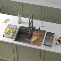 Кухонная мойка Roxen Stage 560250-60 сатин (c держателем для ножей, двумя коландерами, разделочной доской и дозатором)