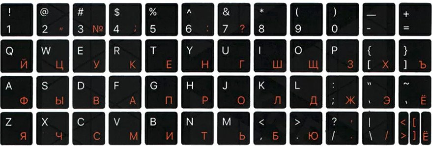 

Наклейки с русской раскладкой KST ENRU-V50105 (для MacBook, черная основа/оранжевые символы)