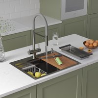 Кухонная мойка Roxen Stage 560250-60 сатин (c держателем для ножей, двумя коландерами, разделочной доской и дозатором)