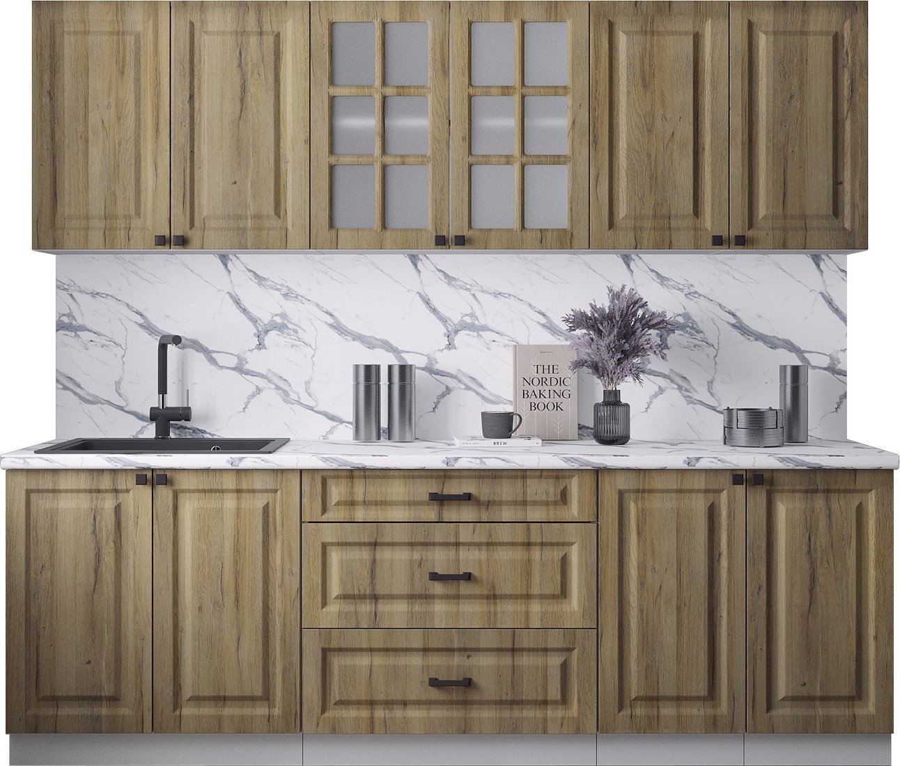 

Готовая кухня Интерлиния Мила Деко 2.4Б (дуб вотан/дуб вотан/белый гранит)