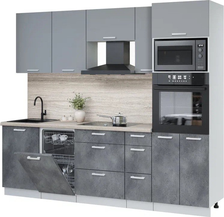 

Готовая кухня Интерлиния Мила Лайт 2.45-ПМ3 (серебро/бетон портленд/травертин серый)