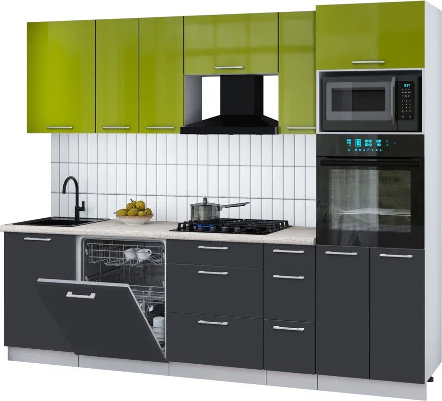 

Готовая кухня Интерлиния Мила Gloss 2.6-ПМ1 (пепел/яблоко глянец/травертин серый)