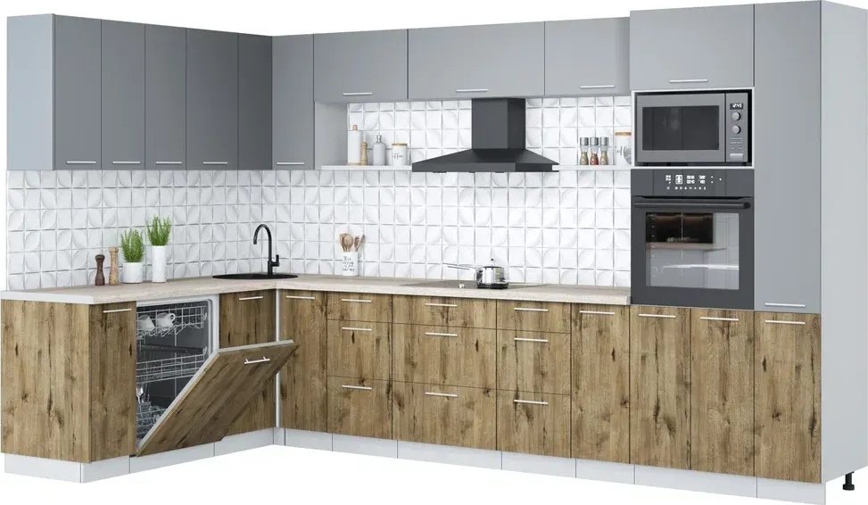 

Готовая кухня Интерлиния Мила Лайт 1.896х3.48 (серебро/дуб веллингтон/травертин серый)