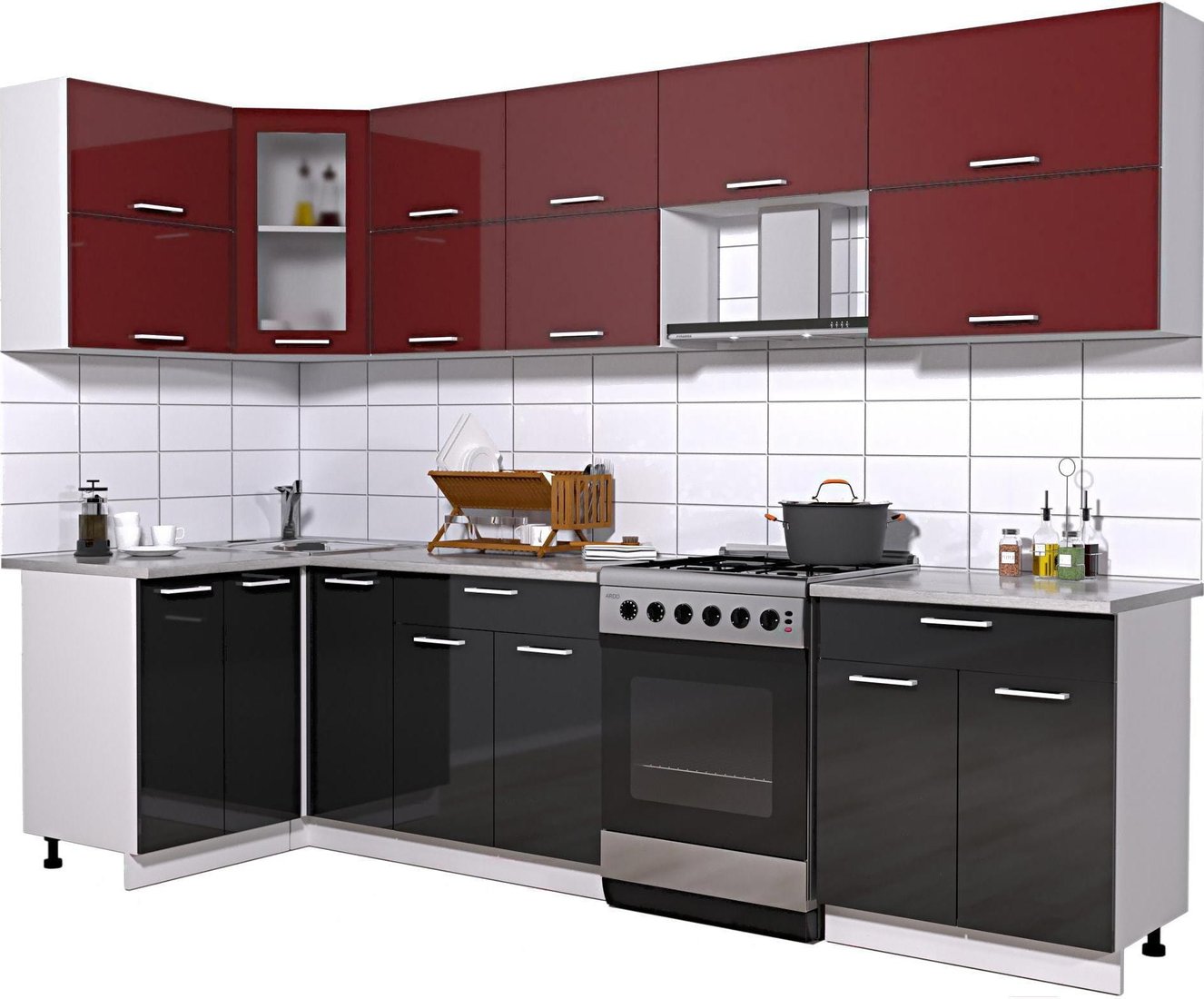 

Готовая кухня Интерлиния Мила Gloss 60-12x29 (бордовый/черный глянец)