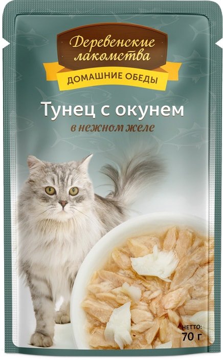 

Консервированный корм для кошек Деревенские лакомства Тунец с окунем в желе 70 г