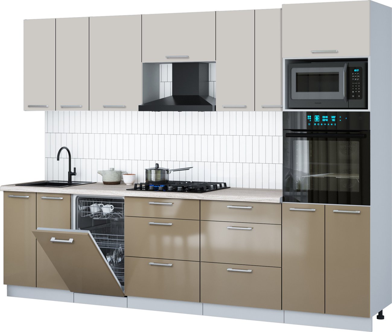 

Готовая кухня Интерлиния Мила Gloss 2.85-ПМ3 (капучино глянец/кашемир/травертин серый)