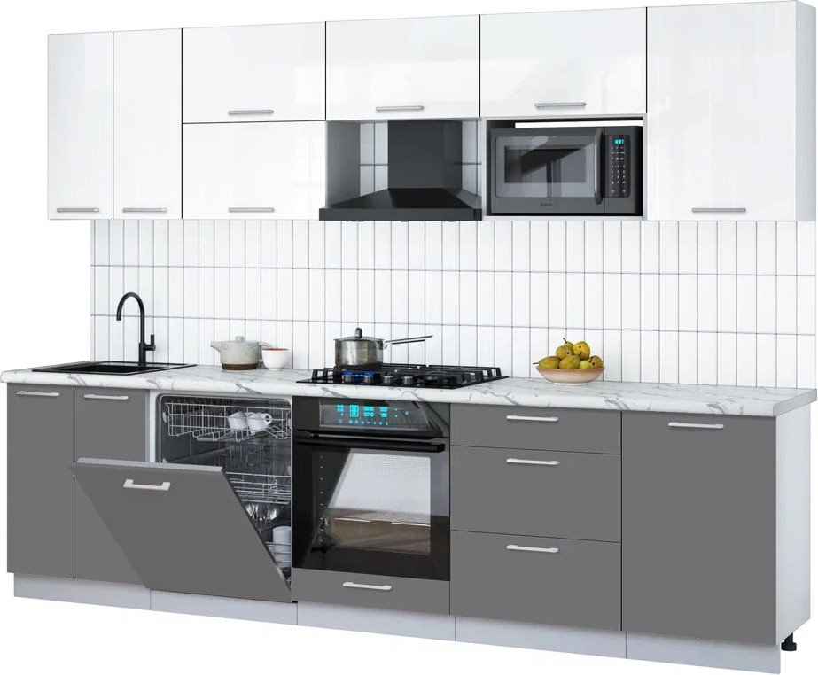 

Готовая кухня Интерлиния Мила Gloss 2.9-ПМ2 (серый/белый глянец/белый гранит)