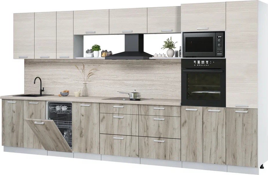 

Готовая кухня Интерлиния Мила Лайт 3.9-ПМ3 (вудлайн кремовый/дуб серый/травертин серый)