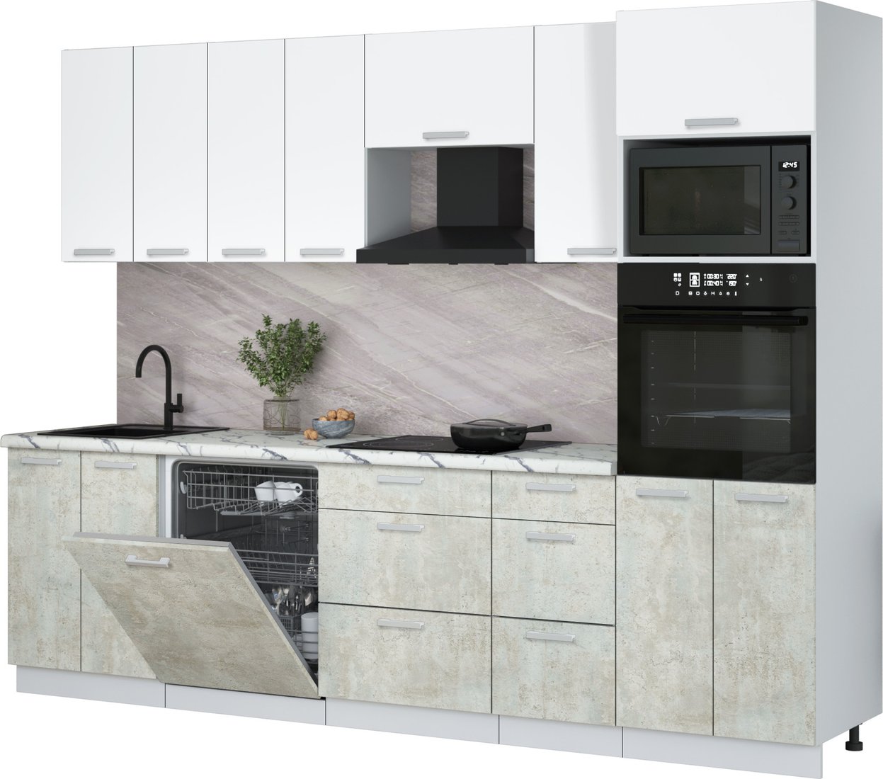 

Готовая кухня Интерлиния Мила Лайт 2.8-ПМ1 (белый платинум/бетон лайт/белый гранит)