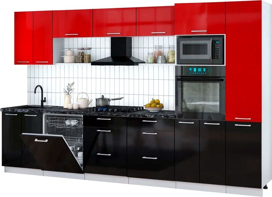 

Готовая кухня Интерлиния Мила Gloss 3.4-ПМ1 (черный глянец/красный глянец/кастилло темный)