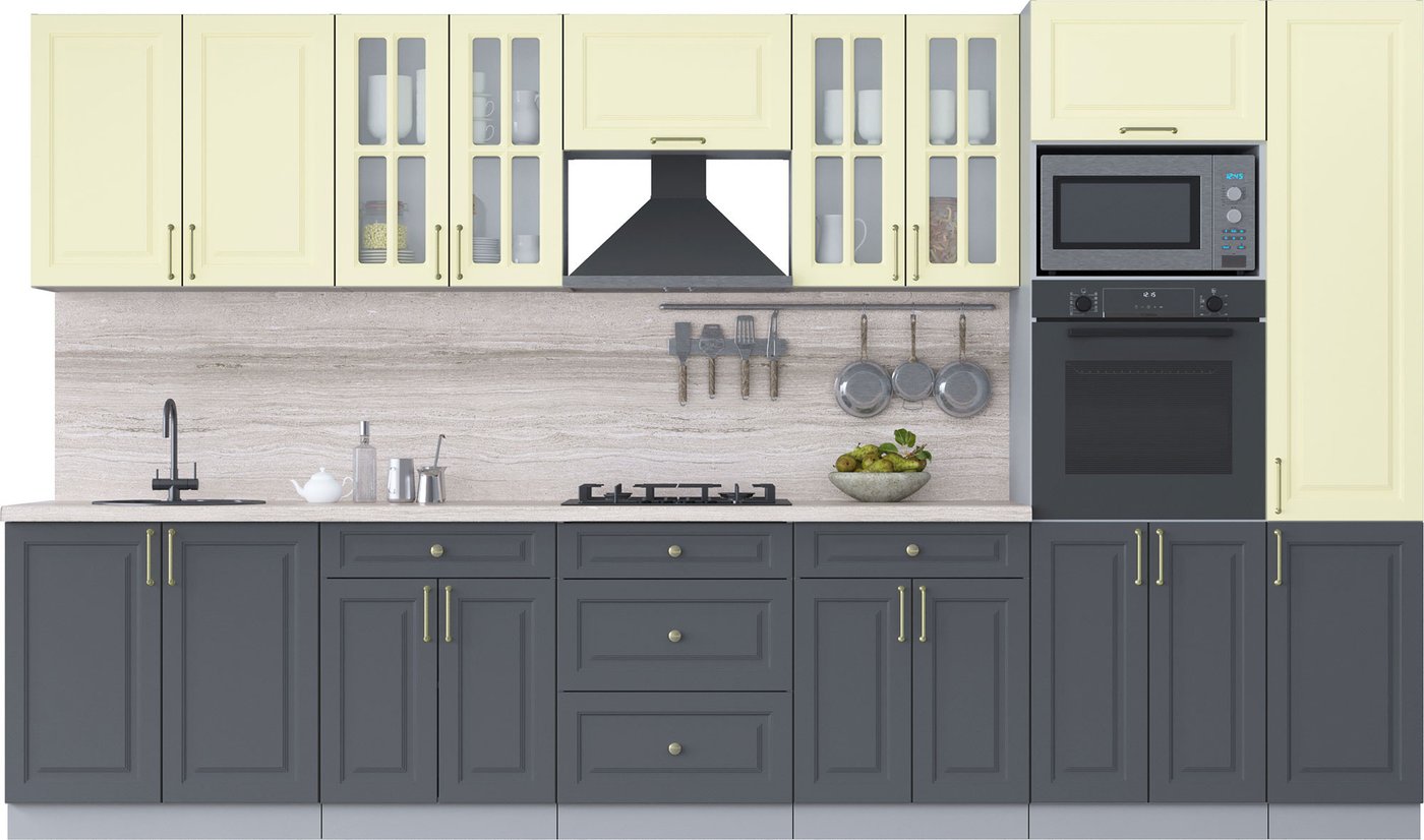 

Готовая кухня Интерлиния Мила Шато 3.6В (слоновая кость/пепел/травертин серый)