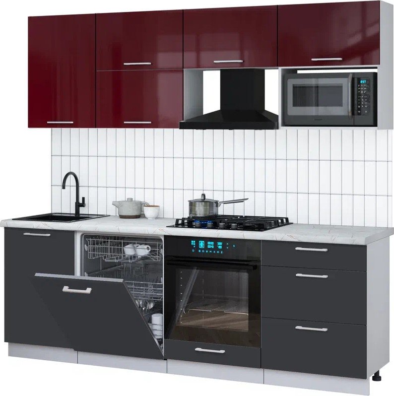 

Готовая кухня Интерлиния Мила Gloss 2.3-ПМ2 (пепел/бордовый глянец/серый каспий)