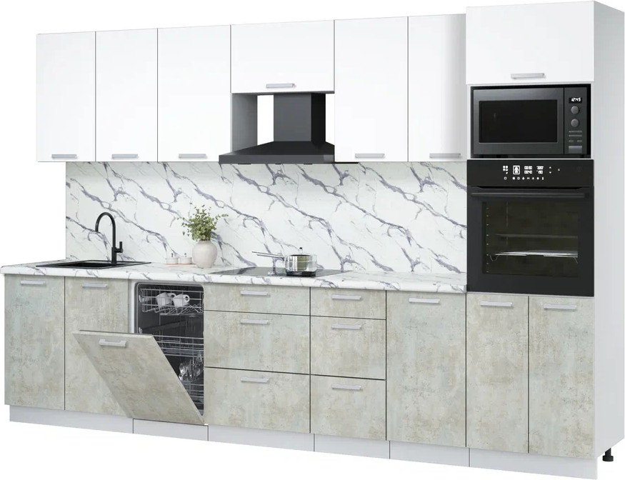 

Готовая кухня Интерлиния Мила Лайт 3.25-ПМ3 (белый платинум/бетон лайт/белый гранит)