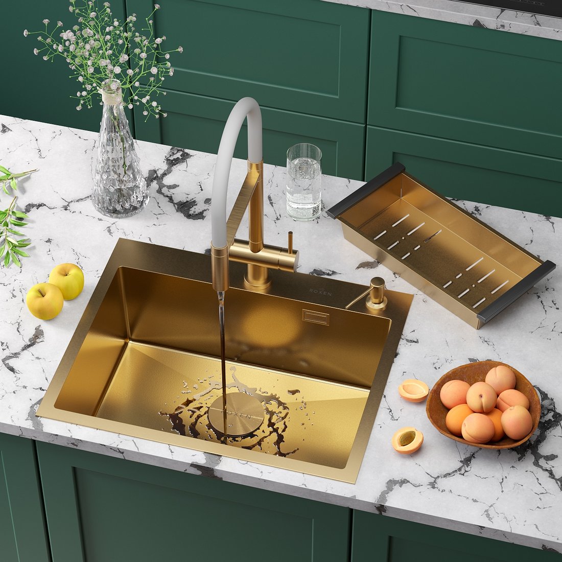 

Кухонная мойка Roxen Simple 560220-60G-V золото/текстурная PVD покрытие (с коландером и дозатором)