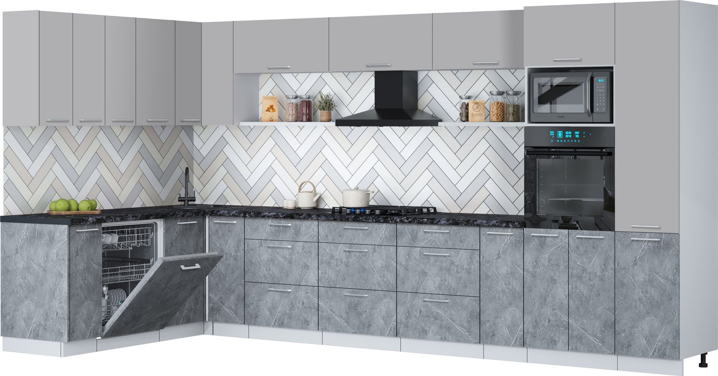 

Готовая кухня Интерлиния Мила Gloss 1.896х3.98 (керамика/грей/кастилло темный)