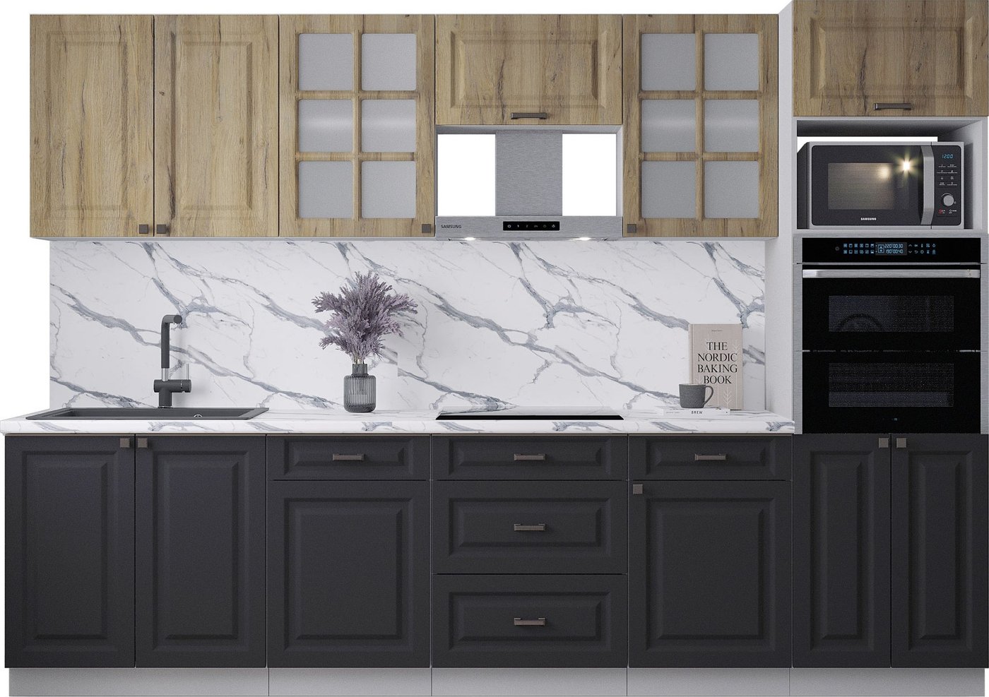 

Готовая кухня Интерлиния Мила Деко 3.0 (черный/дуб вотан/белый гранит)