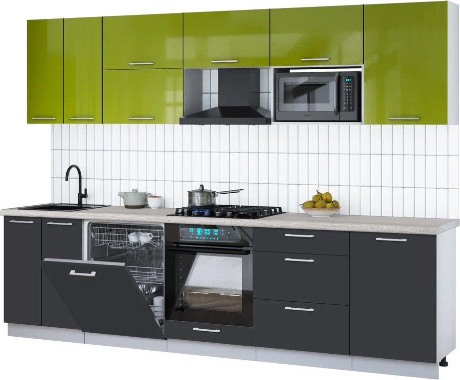 

Готовая кухня Интерлиния Мила Gloss 2.9-ПМ2 (пепел/яблоко глянец/травертин серый)