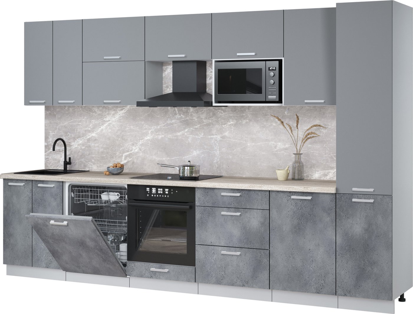 

Готовая кухня Интерлиния Мила Лайт 3.3-ПМ2 (серебро/бетон портленд/травертин серый)