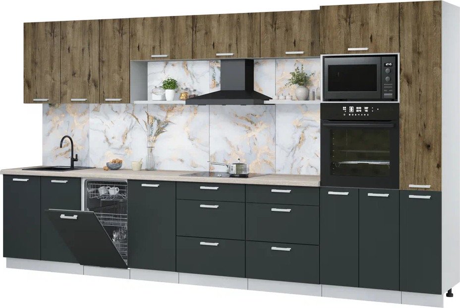 

Готовая кухня Интерлиния Мила Лайт 3.8-ПМ3 ( дуб веллингтон/антрацит/травертин серый)