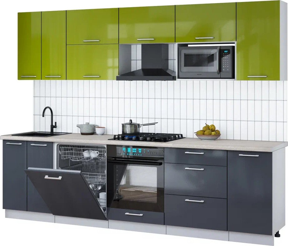 

Готовая кухня Интерлиния Мила Gloss 2.8-ПМ2 (асфальт глянец/яблоко глянец/травертин серый)