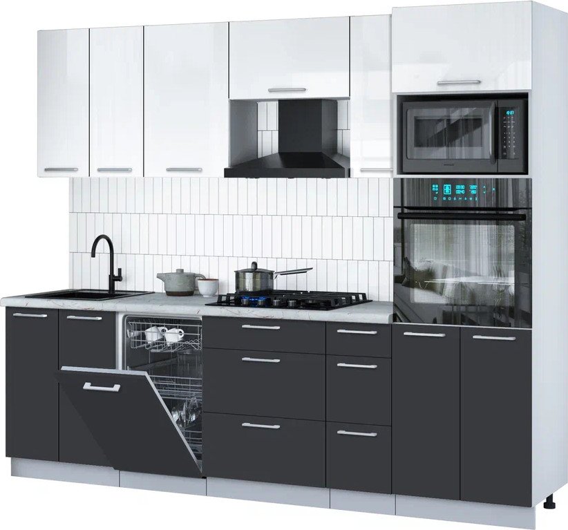 

Готовая кухня Интерлиния Мила Gloss 2.55-ПМ3 (пепел/белый глянец/серый каспий)