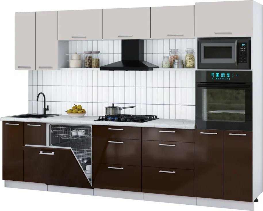 

Готовая кухня Интерлиния Мила Gloss 3.0-ПМ1 (шоколад глянец/кашемир/серый каспий)