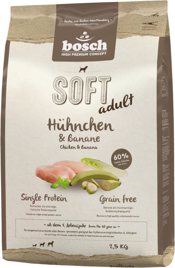 

Сухой корм для собак Bosch Soft Adult Huhnchen & Banane (Курица с Бананом) 2.5 кг
