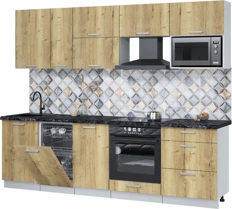 

Готовая кухня Интерлиния Мила Лайт 2.6-ПМ4 (дуб золотой/дуб золотой/кастилло темный)