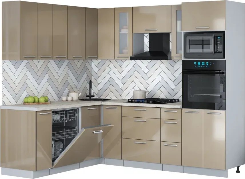 

Готовая кухня Интерлиния Мила Gloss 1.896х2.38 (капучино глянец/капучино глянец/бискайская сосна)