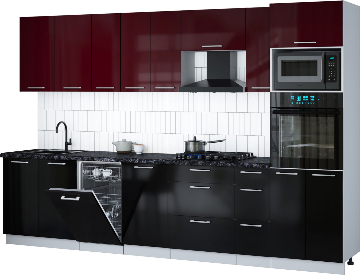 

Готовая кухня Интерлиния Мила Gloss 3.2-ПМ3 (черный глянец/бордовый глянец/кастилло темный)