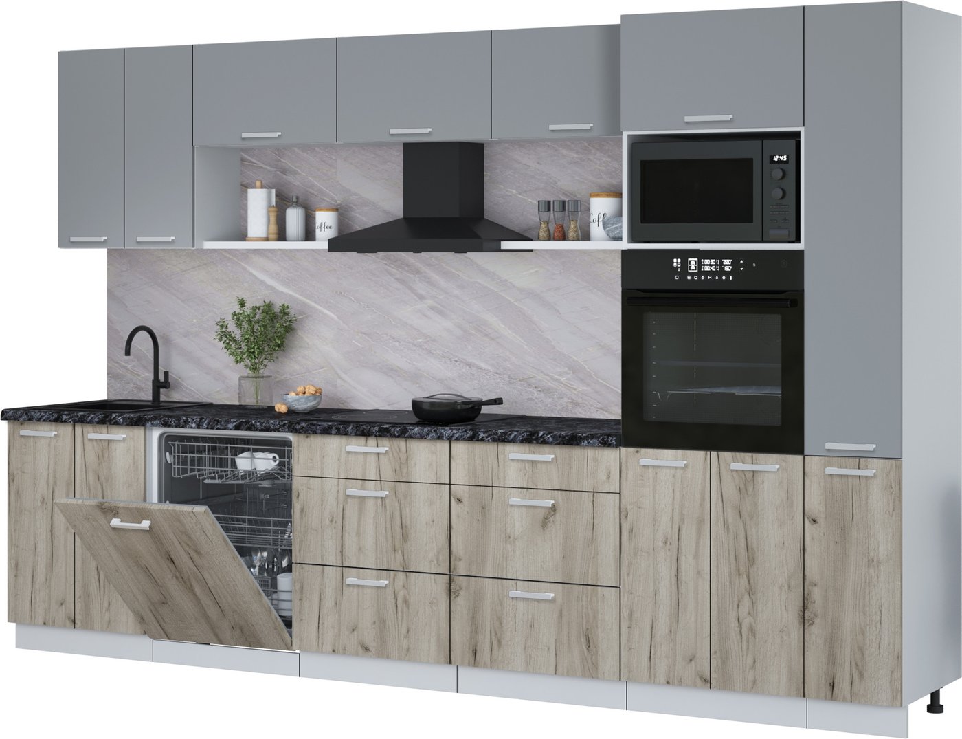 

Готовая кухня Интерлиния Мила Лайт 3.3-ПМ1 (серебро/дуб серый/кастилло темный)