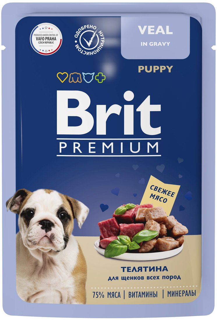 

Консервированный корм для собак Brit Premium для щенков всех пород с телятиной в соусе 85 г