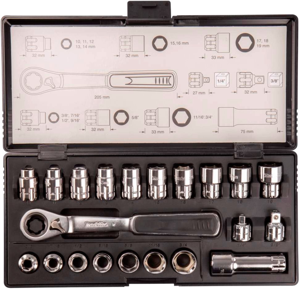 

Набор трещотка с головками Makita B-65604 (21 предмет)