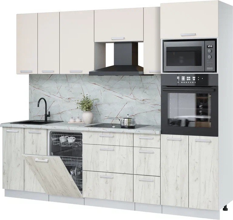 

Готовая кухня Интерлиния Мила Лайт 2.55-ПМ3 (персидский жемчуг/дуб белый/серый каспий)