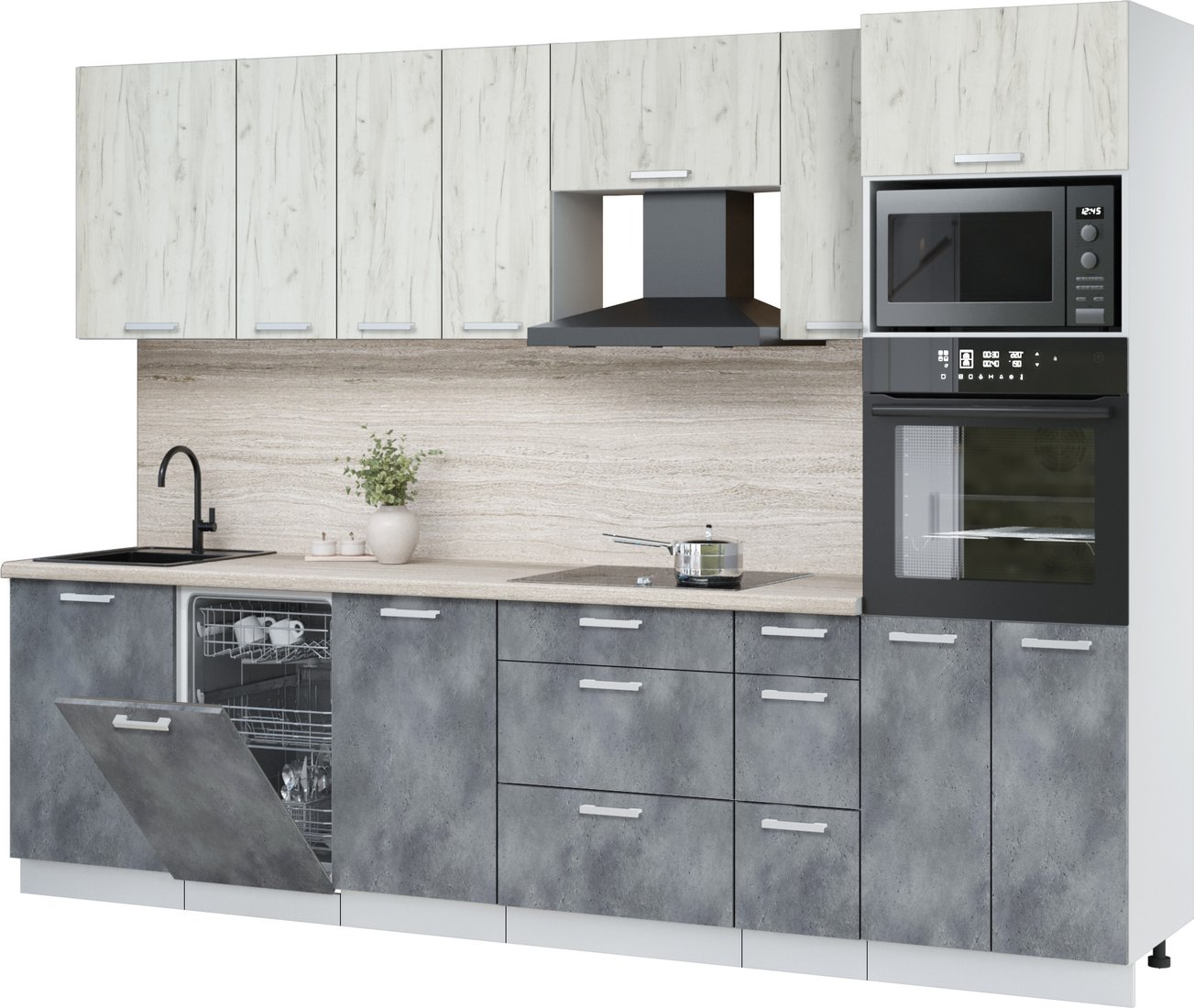 

Готовая кухня Интерлиния Мила Лайт 2.9-ПМ3 (дуб белый/бетон портленд/травертин серый)