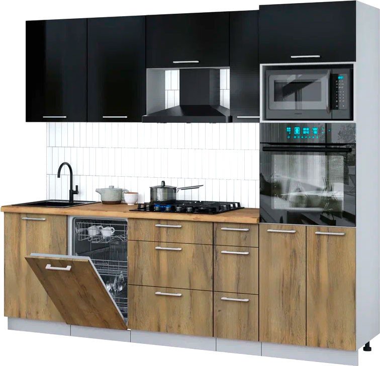 

Готовая кухня Интерлиния Мила Gloss 2.45-ПМ3 (дуб вотан/черный глянец/дуб бунратти)