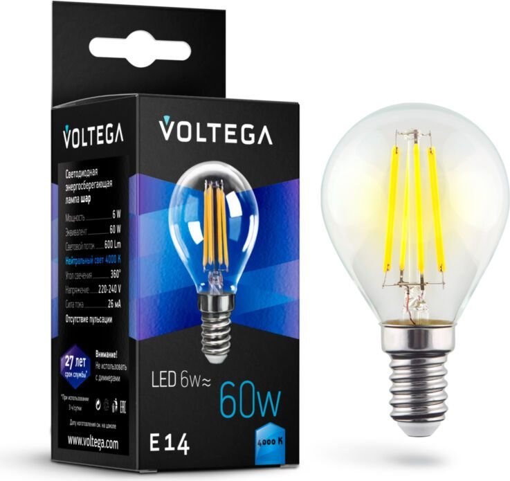 

Светодиодная лампочка Voltega Crystal Globe 6W 4000K E14 7022
